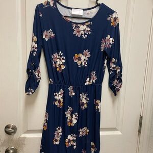 3/4 Sleeve Fall Floral Blue Dress